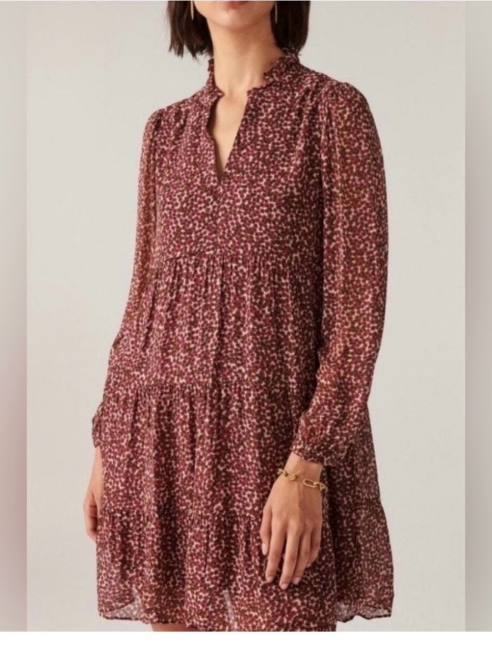 ba&sh Burgundy and Cream Printed Long Sleeve Ruffle Neck Dress